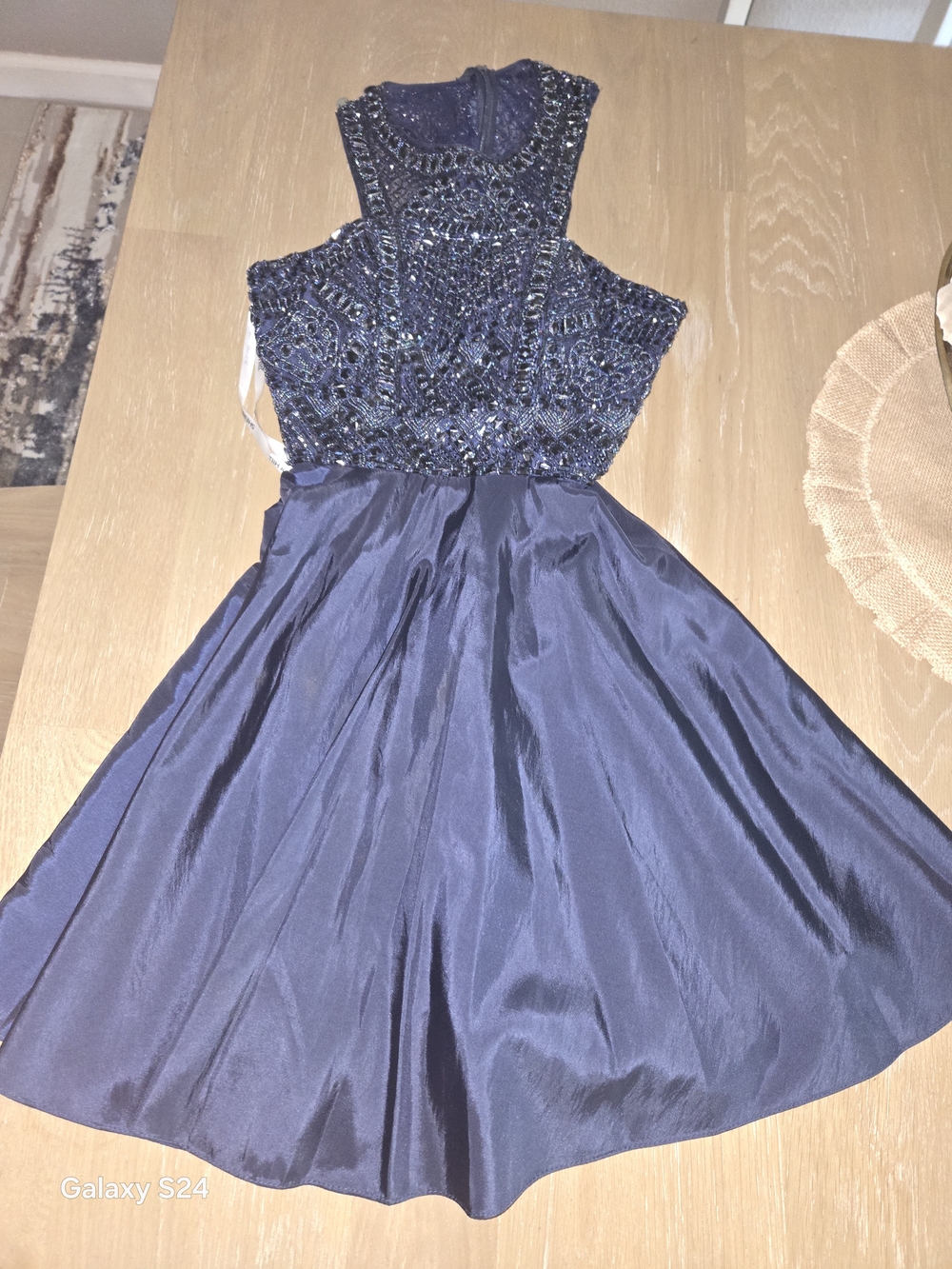 Sherri Hill Navy Beaded Halter Fit-and-Flare Dress With Pockets Sequined
